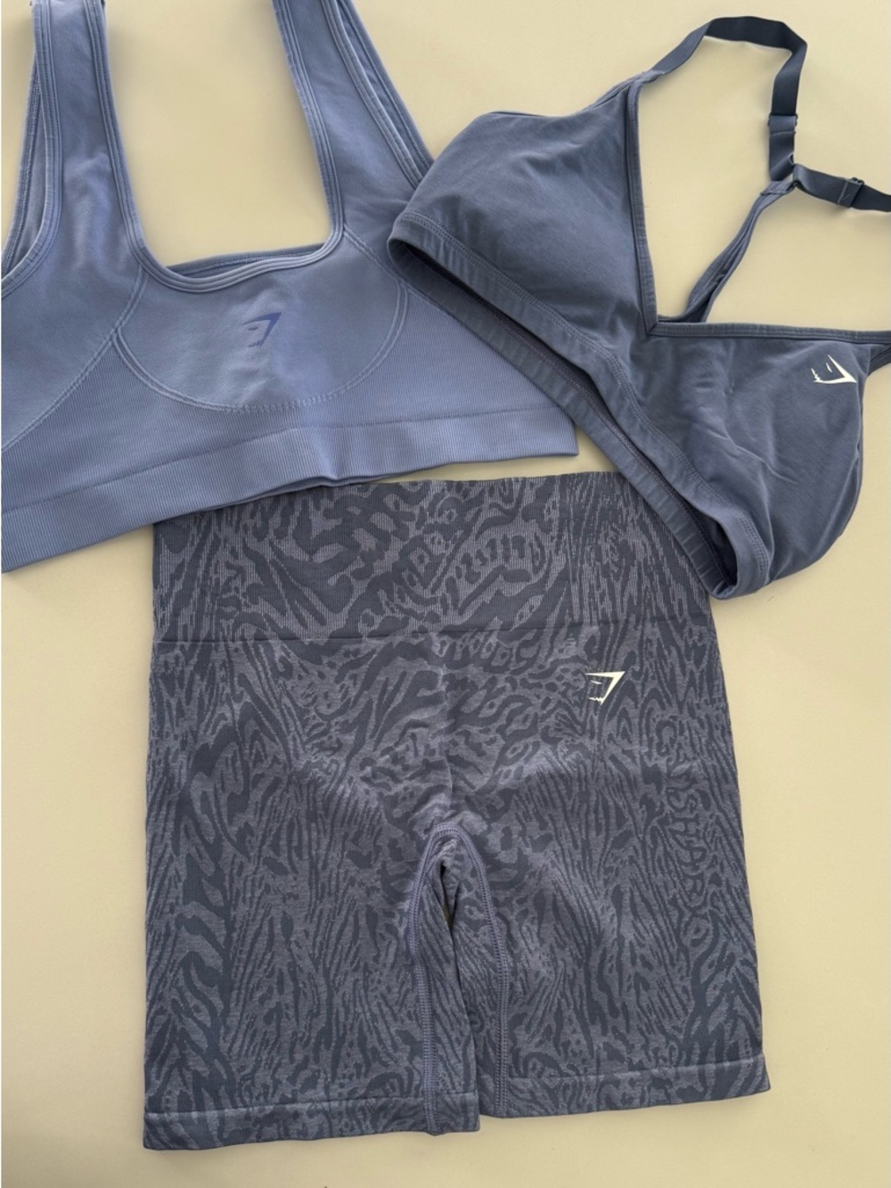 Gymshark Purple Charcoal Seamless Sports Bras & Animal-Print Bike Shorts Set